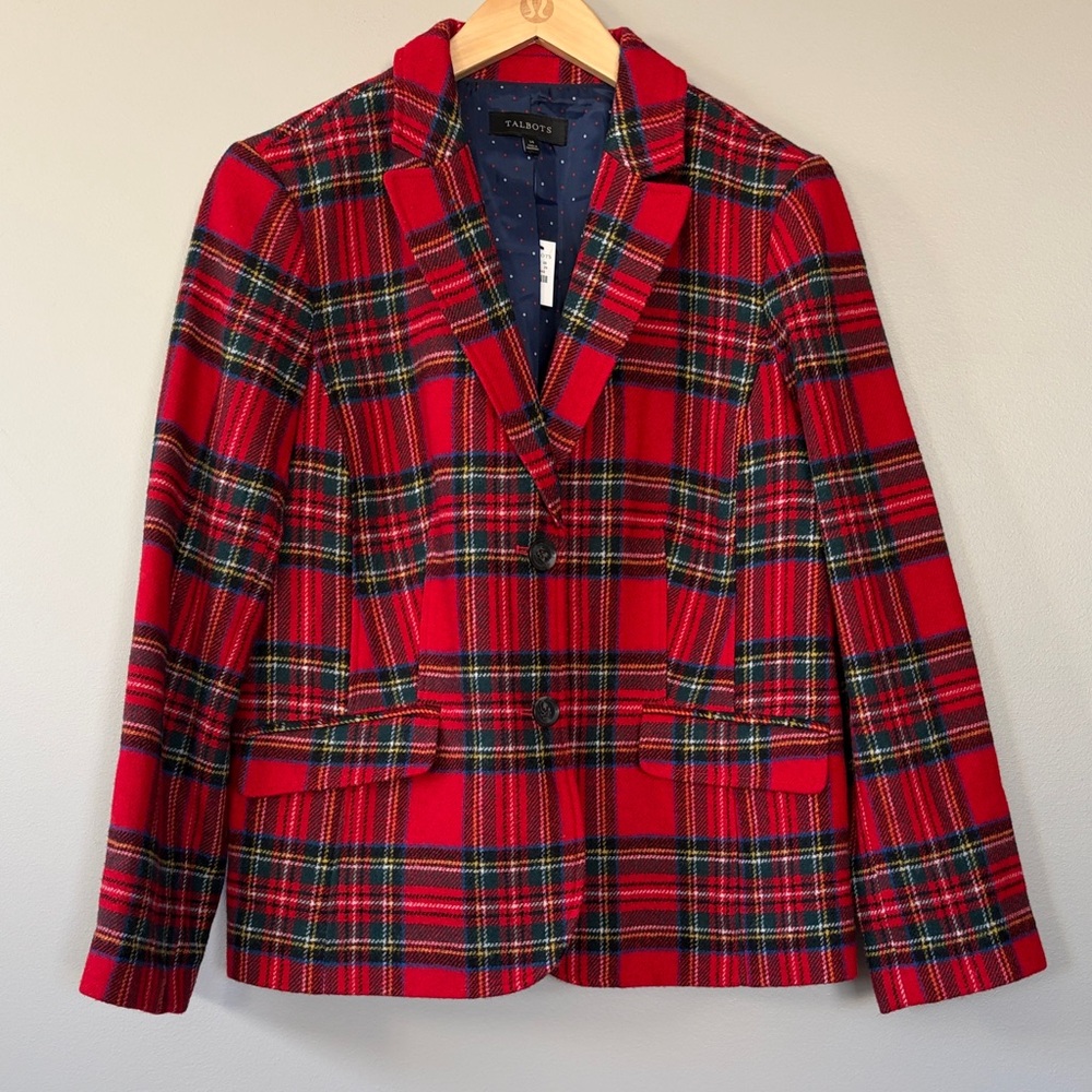 Talbots Shetland Plaid Wool Blend Blazer Jacket Size 14 Red Black Blue Green
